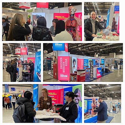 Collage von Bilder mit Besucherinnen und Besuchern am Euro Akademie und Euro-Schulen Stand.