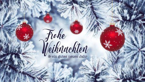 Ein Bild mit verschneiten Tannenzweigen und roten Weihnachtskugeln, die mit Schneeflocken verziert sind. In der Mitte steht der Text "Frohe Weihnachten & ein gutes neues Jahr".